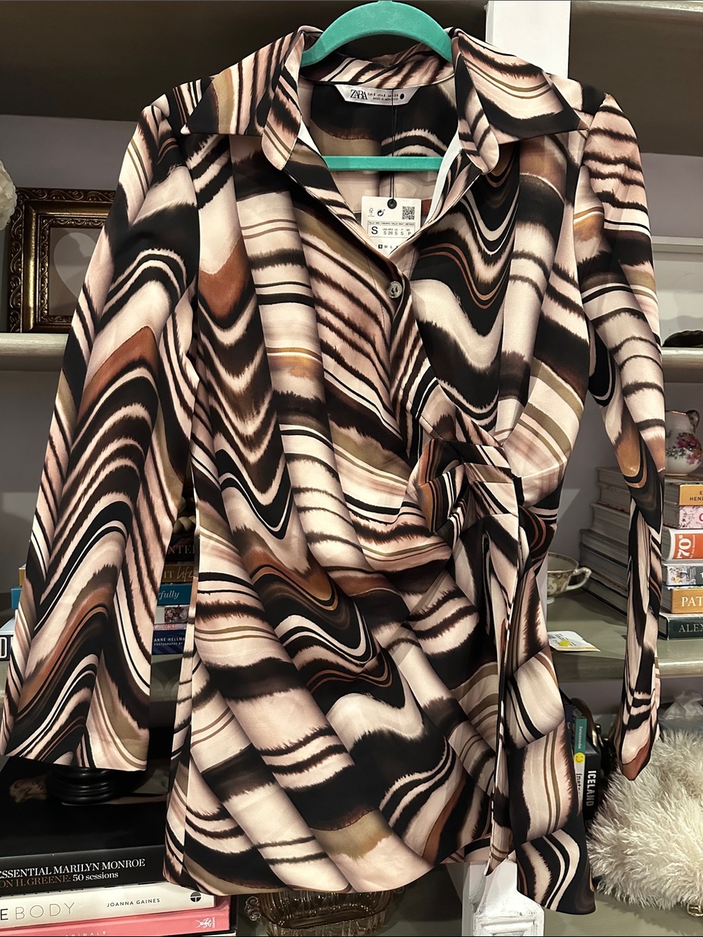 Zara Brown, Cream & Black Abstract Wrap Top